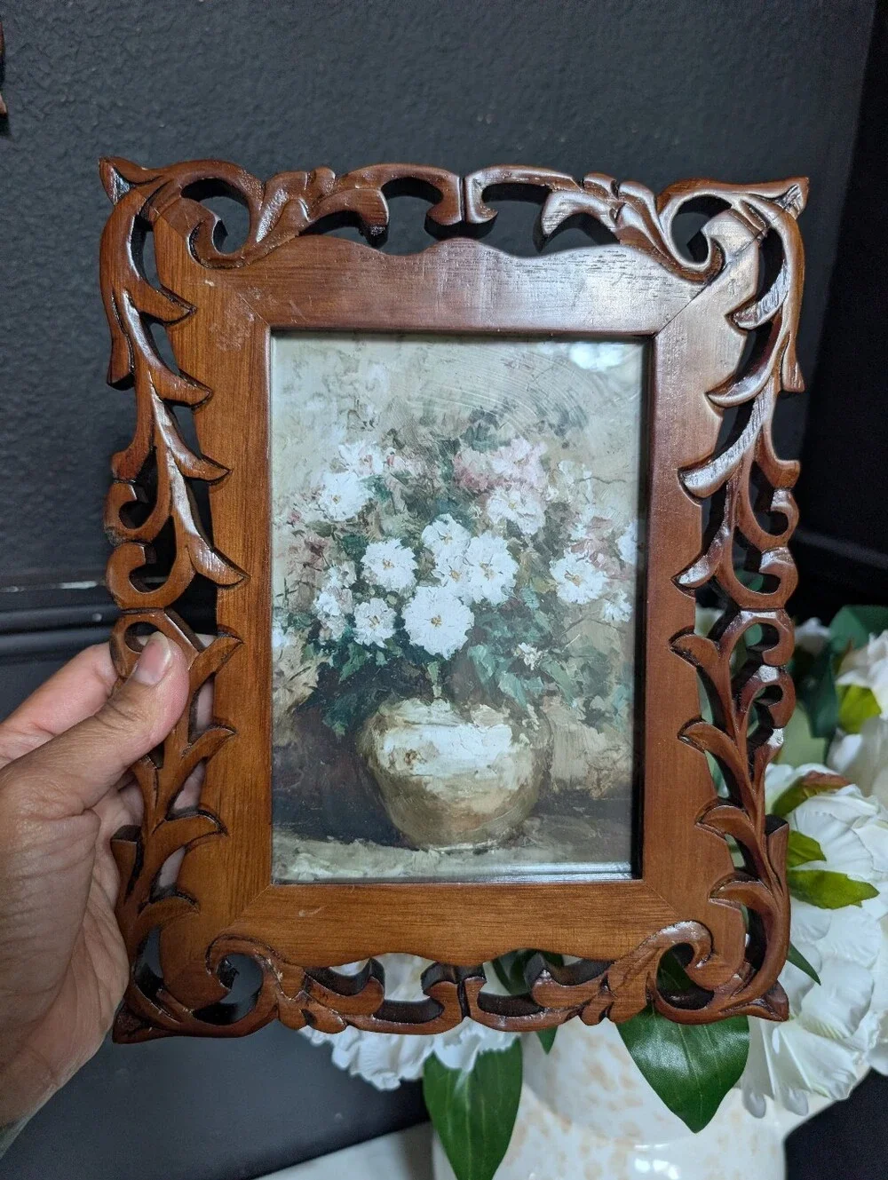 Vintage, Set of 2,  Dark Walnut Ornate Carved Wood Frames w/ moody Prints